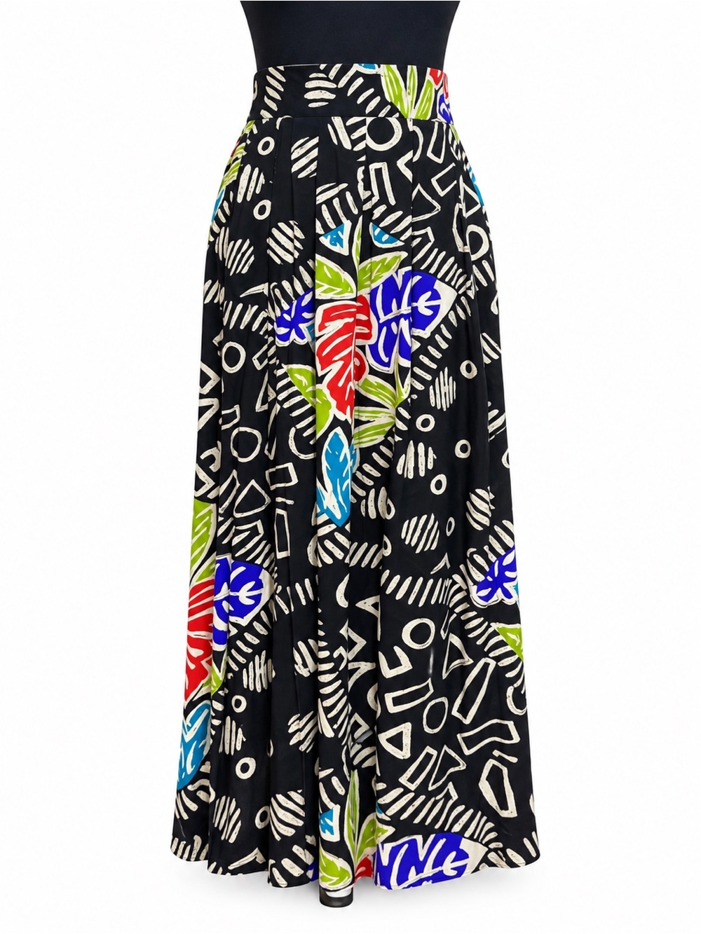 Vintage 80s Worthington Black Abstract Botanical Print Pleated Midi Skirt